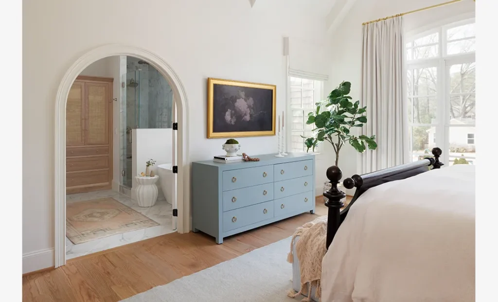 The Ashford 2 features a custom interior design bedroom from Cristi Holcombe Interiors in Alpharetta, GA